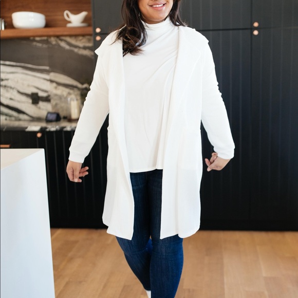 Hooded and Laced Waffle Knit Cardigan in Off White - Picture 4 of 11